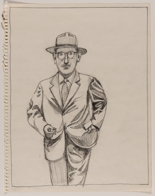 A self-portrait of the artist, a man stands facing forward. He holds a cigarette in one hand and puts his other hand in his pocket. He wears a suit, tie, hat, glasses, and a moustache. 
